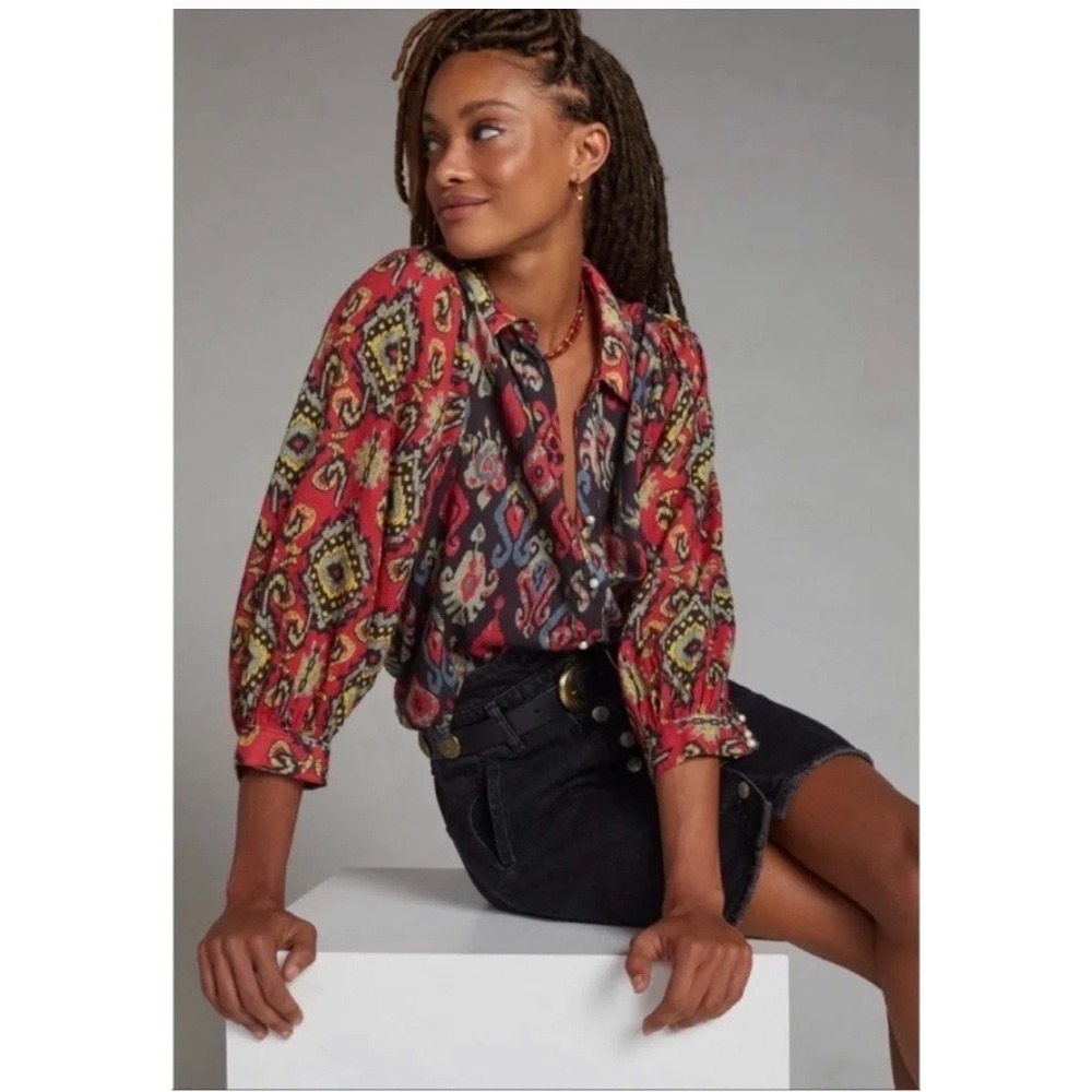 Anthropologie Forever That Girl Paisley Button Down Top Sz M Red Cotton Blouse